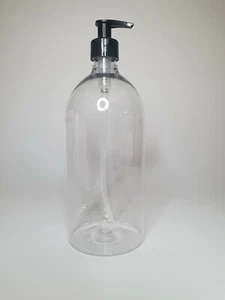 Empty 1 Litre PET Plastic Clear Boston Bottles & Black Lotion Pump *Any Amount* - Picture 1 of 1