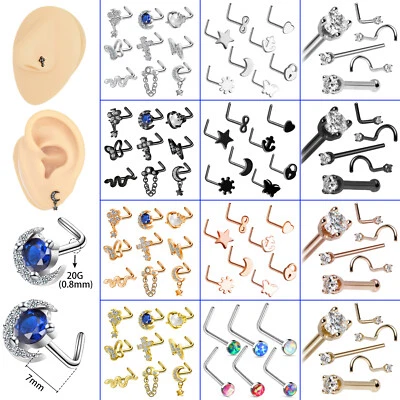 4-9Pcs L Bend Nose Stud Surgical Steel Nose Ring Screw Curved Body Piercing 20G - Image 1 of 4