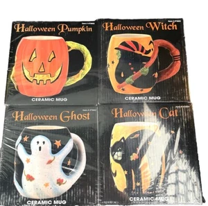 Susan Winget Set of 4 Halloween Pumpkin Witch Cat Ghost Ceramic 22 oz Mugs - Picture 1 of 1