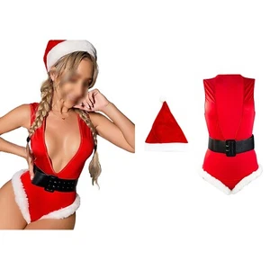 Womens Xmas Outfit Carnivals Christmas Bodysuit White Trim Leotards Sexy Soft - Picture 1 of 21