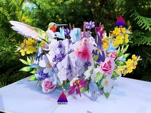 3D Pop Up Greeting Card Hummingbird Flower Floral Mother Wife Family Friends - Picture 1 of 10
