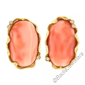 Large 14K Gold Oval Cabochon Coral w/ Diamond Textured Freeform Frame Earrings - Picture 1 of 6