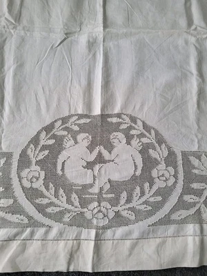 Antique Linen Bed Cover Coverlet w Cherubs & Roses - Image 1 of 4