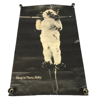 Vintage Hang In There Baby Cat Poster Motivational Wall Art Black White - Image 1 of 4