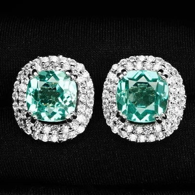 Mint Green Paraiba Tourmaline 7.46Ct 925 Sterling Silver White Gold Earrings - Image 1 of 4