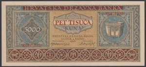 Croatia  5000 Kuna 1943 AU-UNC P. 13,  Banknote, Uncirculated - Picture 1 of 2