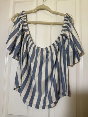 BILLABONG MUJER TALLA GRANDE BLANCO AZUL RAYAS FUERA DEL HOMBRO MATCH UP TOP Foto 1 de 4