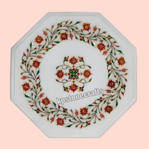 12" Handmade White Marble Bedside Table with Carnelian & Malachite Stone Inlay - Picture 1 of 8