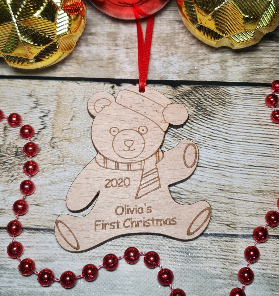 PERSONALISED BABY'S FIRST CHRISTMAS TREE TEDDY DECORATION BAUBLE GIFT WOODEN - Image 1 of 1