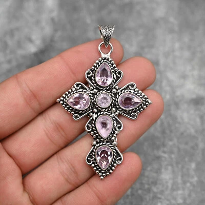 Pink Kunzite Holy Cross Pendant 925 Sterling Silver Birthstone Jewelry Love Gift - Image 1 of 4
