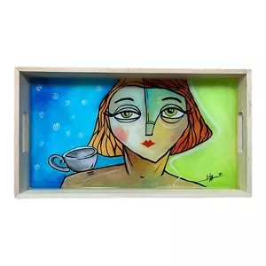 Hand Painted Wooden Serving Tray with Handles 7.5”X13.5” Cuban Art By LISA - Picture 1 of 7