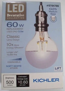 Kichler LED 60W/5W G25 Medium Filament-Soft White 2700K-Dimmable-514132-Save 2+ - Picture 1 of 1