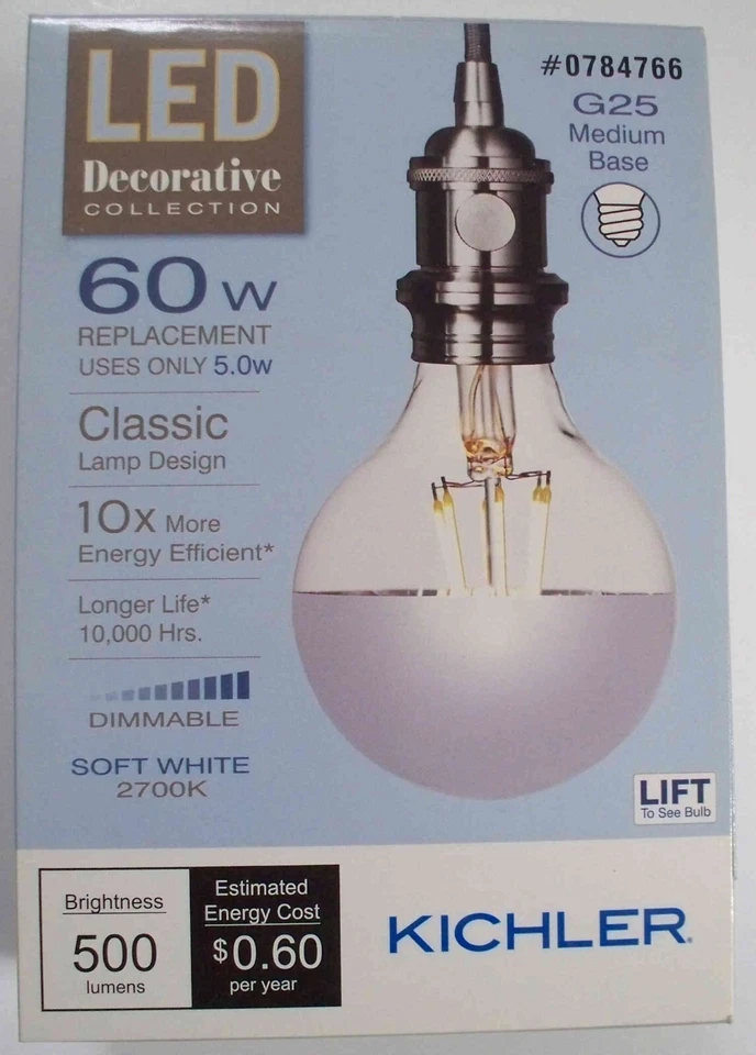 Kichler LED 60W/5W G25 Medium Filament-Soft White 2700K-Dimmable-514132-Save 2+ - Image 1 of 1