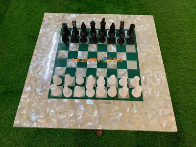 24" White Marble MOP Coffee Table Top Handmade Chess Set Indoor Game Playing Top - Image 1 of 4