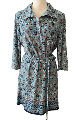 Max Studio Dress Blue Orange White L Large Washable Shift W Belt 3/4 Sleeve NEW - Image 1 of 4