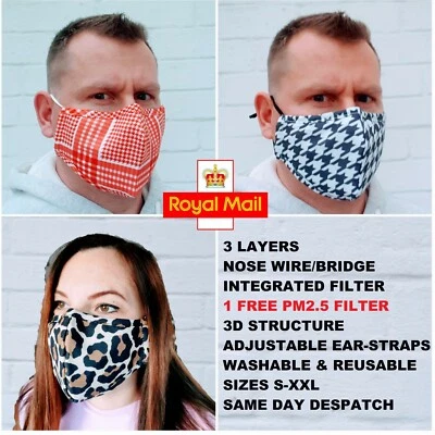 WASHABLE TRIPLE LAYER CLOTH FACE MASK FOR ADUTS WITH NOSE WIRE & FILTER POCKET - Image 1 of 4