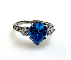 Vintage Sterling Silver 925 Ring Pear Cut Blue Topaz Cubic Zirconia 2.56g Size M - Picture 1 of 12
