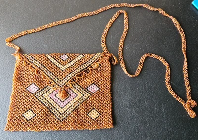 AMBER, MIXED COLOR BEAD, WOVEN GEOMETRIC DESIGN, FASHION PURSE. - Image 1 of 4