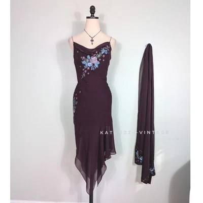 Vintage Papell Silk Midi Dress Cocktail Gown 6 Purple Y2K Fairy Floral Bead Slip - Image 1 of 4