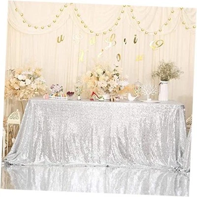  Sequin Tablecloth, 90x132 Inch Rectangle 132" x 90" (Rectangular) Silver - Image 1 of 4