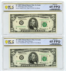 2 - 1969 $5 Federal Reserve Note St. Louis H-A Block PCGS GEM UNC 65 PPQ - Picture 1 of 2