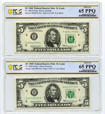 2 - 1969 $5 Federal Reserve Note St. Louis H-A Block PCGS GEM UNC 65 PPQ - Image 1 of 2