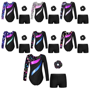 Kids Girls Bodysuit And Boyshorts Sports Leotard With Shorts & Hair Tie Yoga - Picture 1 of 51