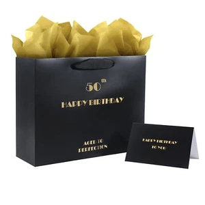50th Birthday Gift Bag Black Gold Tissue Paper Greeting Card 12.6" Medium - Picture 1 of 7