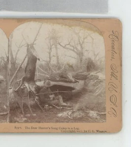 Deer Hunter's Snug Camp in a Log Hunting International Stereoview - Picture 1 of 2