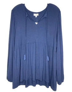 WONDERLY Blusa Mujer 1X Cintura Imperio Cuello en V Borla Acento Muñeca Elástica Azul Marino - Imagen 1 de 5