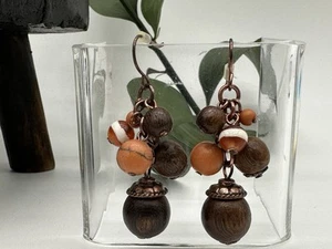 Orange Bead And Wood Dangle Drop Hook Earrings - Picture 1 of 5