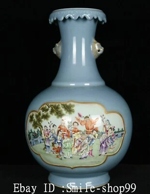 Garrafa vaso 17" antiga dinastia Qing cor azul vitrificada porcelana dourada oito imortais - Imagem 1 de 4