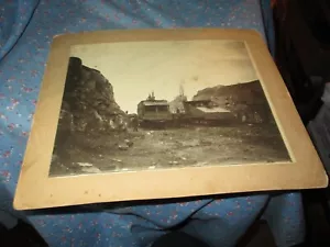 Old Photo 10 x 12 w/Backing Old Locomotive on Track Workers ? Cut Through Hill - Picture 1 of 7
