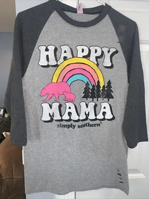 Nueva camiseta gráfica Simply Southern para mujer talla pequeña Happy Mama manga 3/4 Foto 1 de 4