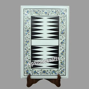 Juego de Backgammon de Mármol Blanco Ecológico | Piedras Semipreciosas con Incrustaciones | 12"x18" - Imagen 1 de 7