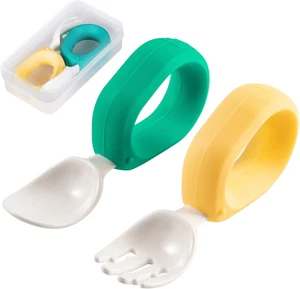 Baby Self Feeding Training Spoon and Fork Set with Deep Green & Light Yellow - Picture 1 of 7