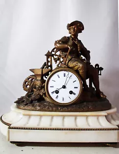 French Romantic table clock Worker with alabaster base japy freres movement - Picture 1 of 11