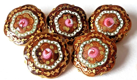 One Antique Enamel Button Scalloped Shape Pink Rose 9/16" Cover