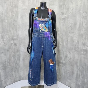 Sarah Handpainted Womens M OOAK Upcycled Denim Shortalls Cropped Overalls Street - Picture 1 of 14