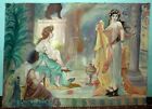 Rare Antique Hand Painting Old Queens Bath Scene Painting Queens Erotic Painting