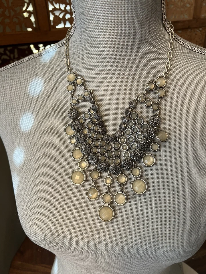 Lucky Brand Bib Necklace Silver Tone Champagne Rhinestones Statement Jewelry - Image 1 of 4