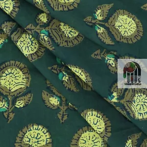 Dabu Green Hand Block Print Cotton Running Fabric Dressmaking By The 5 Yard - Picture 1 of 5
