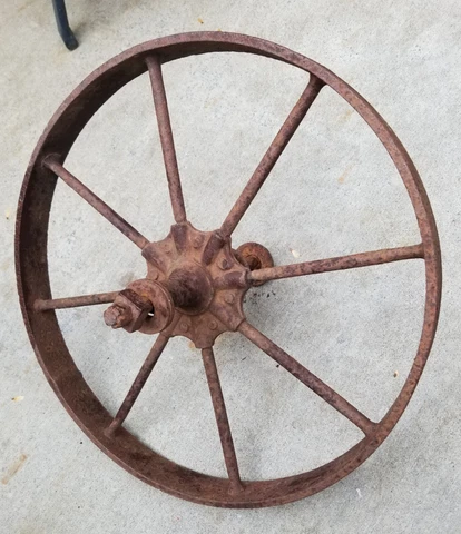 Ancient Iron Wheelbarrow Wheel ~ Original Axle Mounting Brackets, 18"D X 1.75"W Cover