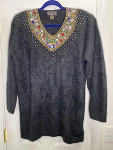 Vintage 80s Classiques Angora Sweater Tunic SzM Black embroidered crystal - Bild 1 von 11