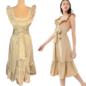UO Ruffle Midi Dress Sz.XS Khaki Tan Cotton Poplin Open Back Cottage Coastal - Picture 1 of 15