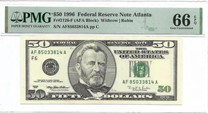 1996 $50 ATLANTA FRN. PMG GEM Uncirculated 66 EPQ Banknote. - Picture 1 of 3