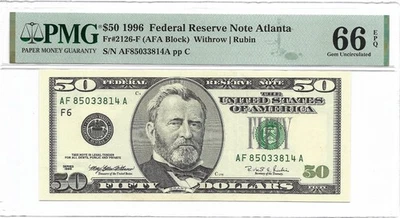 1996 $50 ATLANTA FRN. PMG GEM Uncirculated 66 EPQ Banknote. - Image 1 of 3