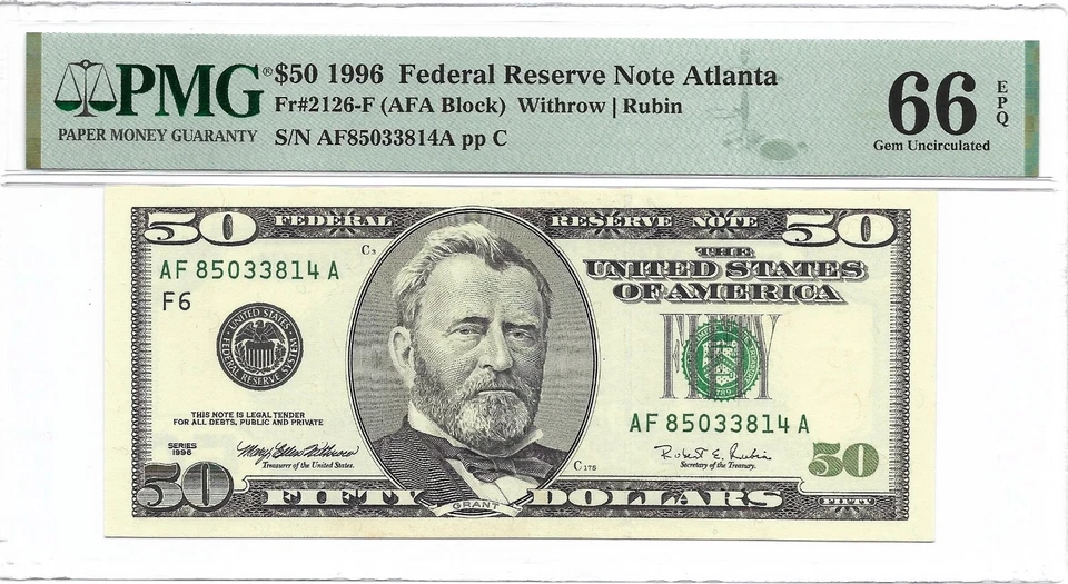 1996 $50 ATLANTA FRN. PMG GEM Uncirculated 66 EPQ Banknote. - Image 1 of 3