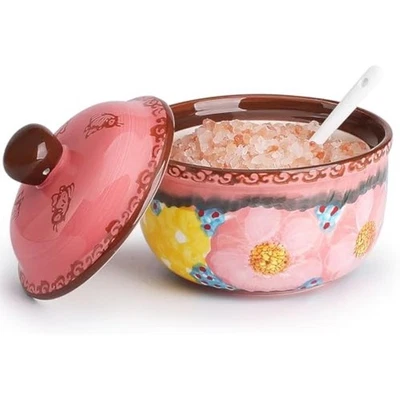 Azúcar hecho a mano con tapa y cuchara, cerámica pintada a mano de 10 onzas  Foto 1 de 4