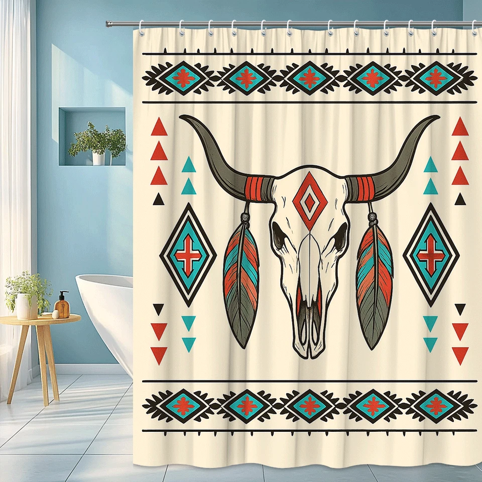 Cortina de Ducha Boho Calavera Vaca con Colorido Patrón Tribal Foto 1 de 4